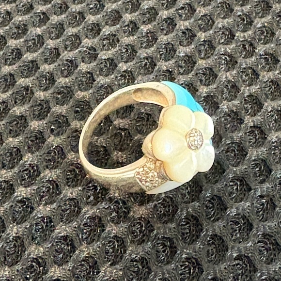 Artisan Sterling Silver Mother-of-Pearl & Turquoise Flower Statement Ring Size 8 - Picture 10 of 13